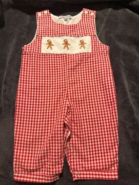 Sweet Dreams French Knot Christmas Santa Gingerbread Cookie Gingham Romper NWOT